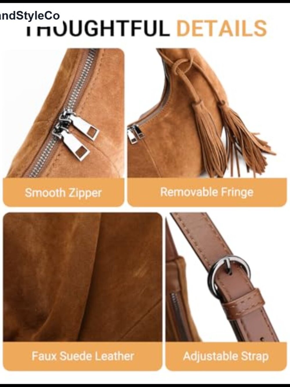 Faux Suede Tassel Slouchy Crescent Hobo Shoulder Bag Women - Picture 5 of 6